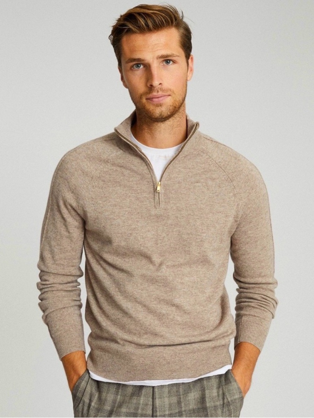 Reiss Adam Zip Neck Sweater Light Beige Oatmeal Cashmere Wool XL